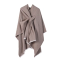 Brown knit poncho wrap for women with knot detail and fringe hem for autumn winter - Khaki