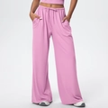 Detail of pink high-waisted wide-leg sweatpants featuring adjustable drawstring waist - Rose Pink