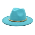 Detailed view of lake blue fedora hat with smooth felt texture and gold metal decorative band - M (56-58cm) / Lake Blue