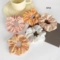 Detailed set of 5 patterned fabric scrunchies with floral, plaid, and polka dot designs - Five-Piece Set / Yellow