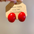 Close-up of vibrant red oval stud earrings with high-gloss finish and copper base - 57# Silver Earring Post - Gold - Strawberry Pendant