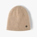 Women's oatmeal knitted beanie with fluffy texture and black R letter logo detail - One Size / Camel