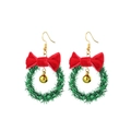 Detail of Christmas wreath earrings with red velvet bows and small gold bells - Silk Bow Wreath with Bell