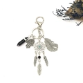 Boho-Schlüsselanhänger mit Hand der Fatima, Traumfänger, Feder und schwarzem Kristall - Schwarz