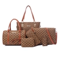Set di 6 borse da donna marroni con borsa a tracolla, pochette e shopper con monogramma - Giallo