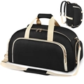 Black gym duffel bag with beige straps and gold zippers featuring multi-functional compartments - Black with Gold Strap