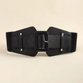 Women's black elastic corset belt with a wide PU leather front and square buckle - Black