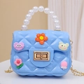 Mini blue silicone crossbody jelly bag for girls with pearl handle and cartoon charms - With Random Patches / Sky Blue
