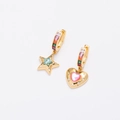 Detail of gold asymmetric earrings with colorful zircon star and heart shaped charms - Asymmetric Star Heart / Gold