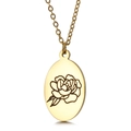 Golden stainless steel necklace with engraved oval flower pendant on fine chain - September Aster (KN227554-Z)