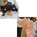 Thermal winter gloves in pink faux mink fur and black knit with cute embroidery - Black And Pink