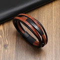 Multilayer braided leather bracelet in brown and black with black magnetic clasp - Brown