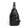 Classic black pebbled leather crossbody chest bag with golden zippers for women - Black