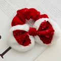 Roter Pailletten-Haargummi mit weißem Plüschrand für Weihnachts- und Neujahrs-Haarstyling - Rote Pailletten Schleife Stil / Rot/Weiß