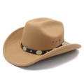 Chapeau de cowboy classique en feutre camel avec rivets argentés et bord large - M (56-58cm) / Chameau