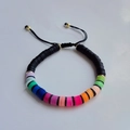 Handmade colorful Heishi clay bead bracelet with gold accents and adjustable black cord - Single Piece/Black Mix Colorful Soft Clay Heishi