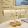 Bamboo and white leather T-bar jewelry display stand for bracelets and bangles - White PU Leather Solid Wood Single Tier Bangle Display Stand