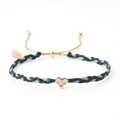 Handmade woven friendship bracelet with golden heart pendant and pink tassel detail - Dark Blue and Gold (with Pink Tassel)