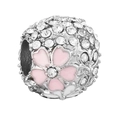 Silver flower charm with pink enamel petals and zircon crystals for DIY bracelets - Zirconia Cherry Blossom Bead (005)