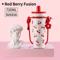 White 720ml stainless steel insulated cup with cherry print and a pink shoulder strap - Mixed Red Berry/Cherry / White (Stainless Steel Liner)