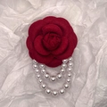 Elegant deep red camellia flower brooch with layered felt petals and hanging pearl chains - With Pearl Tassel / Burgundy