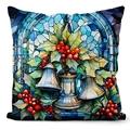 Stained glass style Christmas pillow cover featuring festive bells and holly leaf print - Three Bells Stained Glass