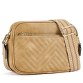 Tan V-quilted crossbody camera bag with adjustable wide geometric patterned strap - Camel Brown