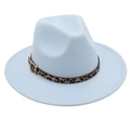 Detail of light blue fedora hat featuring leopard print band and golden square buckle - Sky Blue