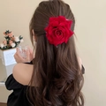 Elegant red acrylic flower hair clip for women in traditional Chinese vintage style - 52# Duckbill Clip - Regular - Red Rose