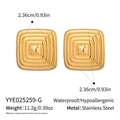 Detail showing gold square stud earrings in stainless steel with dimension and material specs - Square Stud Earrings(YYE025259-G) / Gold