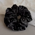 Polka dot scrunchie in black satin fabric with elegant white patterns and soft texture - Black (19# Hair Ring)