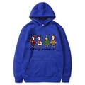 Royal blue Christmas hoodie with Merry Goosmas print and cartoon ducks on plain background - Blue