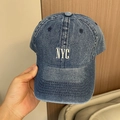 Detail of NYC white embroidery and washed denim texture on a vintage baseball cap - Adjustable 56-60cm / Dark Blue with NYC Embroidery