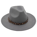 Detail of grey felt fedora hat featuring a leopard print band and gold metal buckle - Light Gray