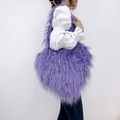 Trendy purple faux fur heart vest paired with white puff sleeve shirt for stylish layering - Purple