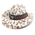 Plush leopard print western cowboy hat with studded leather band and silver bull head emblem - Straight Top / White