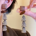 Vintage Jhumka style earrings with dark wood blocks and triple-layered silver bells - Three-Layer Wooden Bell Style (48# Silver Earring Post - Coffee & Silver)