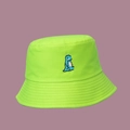 Close-up of blue dinosaur embroidery on fluorescent green cotton bucket hat fabric - One Size / Fluorescent Green