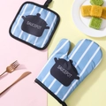 Blue striped heat resistant oven mitt and pot holder set with saucepan silhouette print - Blue Striped/Saucepot