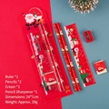 5-piece Christmas stationery set with pencils, ruler, eraser, and sharpener in red Santa theme - Red