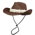 Detailed texture of dark brown woven straw cowboy hat with white faux pearl trim - M(56-58cm) / Coffee