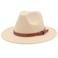 Detailed view of cream wool fedora hat with brown leather band and silver buckle - Beige (2 Studs)