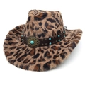Cappello da cowboy leopardato in ecopelliccia con fascia turchese e fibbia metallica - M (56-58cm) / Corona a Cuore Marrone Chiaro