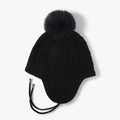 Berretto invernale da donna in maglia nera con paraorecchie e pompon in finta pelliccia - Taglia unica / Nero