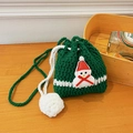 Handmade green crochet drawstring bag with a festive 3D snowman and pom-pom detail - Green Snowman Style