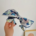 Bow knot headband in retro graffiti print with blue, pink and green satin fabric - Dark Blue Abstract Print Bow Headband