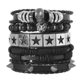 Mehrlagiges Punk-Armband-Set mit Löwenkopf, Totenkopf-Anhängern und schwarzen Lederbändern - Punk-Stil-Kombination (RH696)