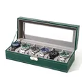 Green leather 6-slot watch display box with transparent window and metal lock - 6-Slot Green Watch Box