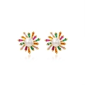 Golden sunflower earrings with white pearls and multicolored zircons on white background - Pearl Flower