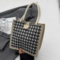 Small jute tote bag featuring a black and white houndstooth pattern and a wooden button closure - Button Decor Style / Black